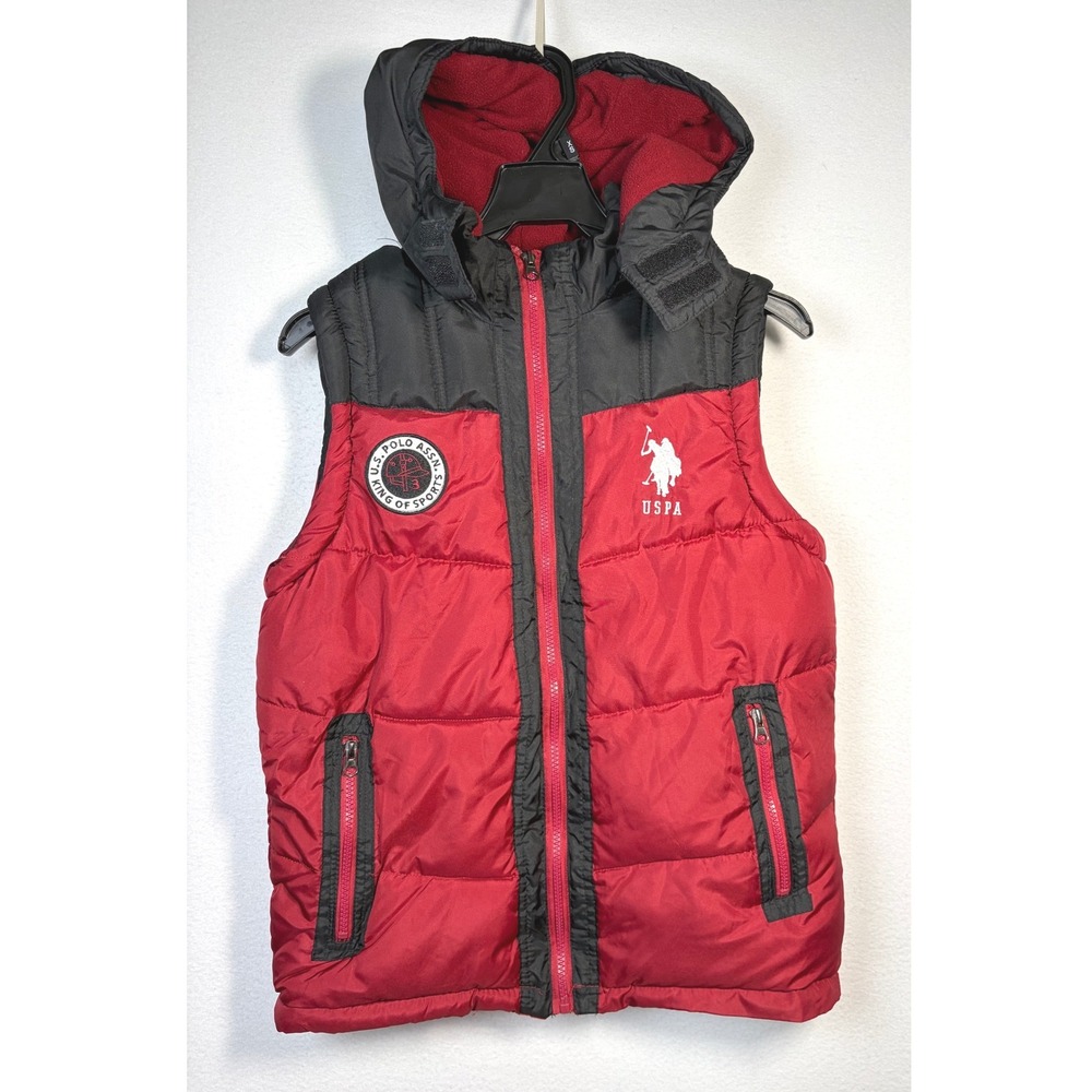 US Polo Assn Puffer Vest Boy 14-16 Large Red Excellent Hooded Fleece Lined